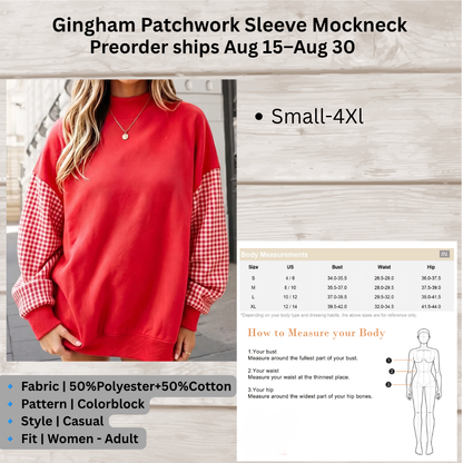 Gingham Patchwork Sleeve Mockneck Sweatshirt