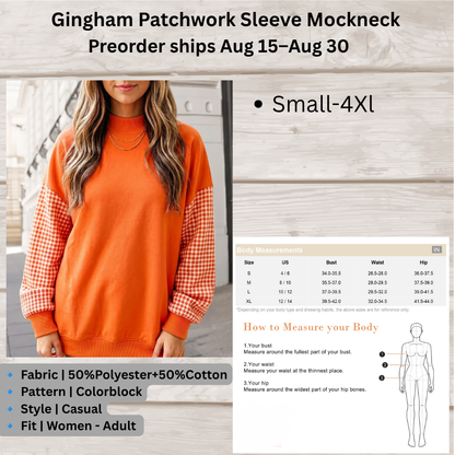 Gingham Patchwork Sleeve Mockneck Sweatshirt