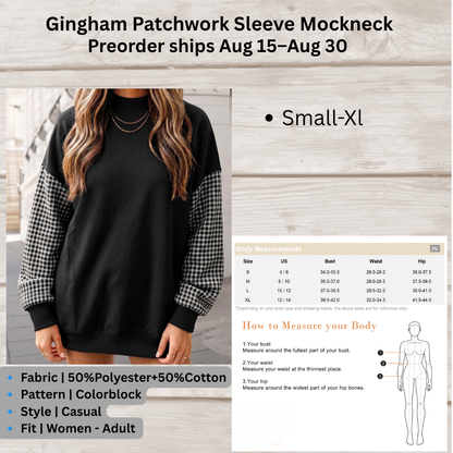 Gingham Patchwork Sleeve Mockneck Sweatshirt