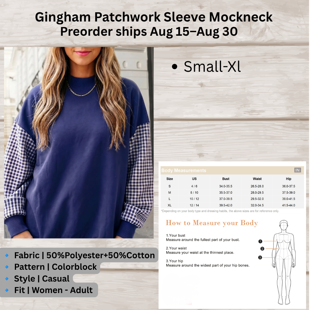 Gingham Patchwork Sleeve Mockneck Sweatshirt